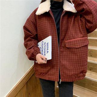 Lapel Dual-pocket Plaid Jacket Red - One Size