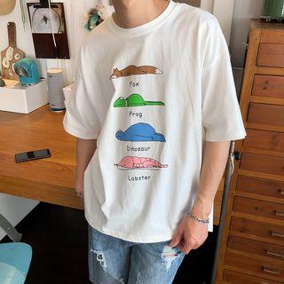 Elbow-sleeve Cartoon Animal Printed T-shirt