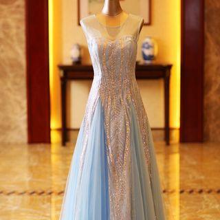 Glittered Sleeveless Evening Gown