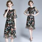 Short-sleeve Flower Embroidered Midi A-line Mesh Dress