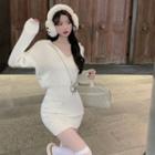 Hood V-neck Knit Sheath Dress White - One Size