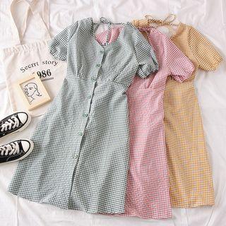 Tie-back Checked V-neck Shirtdress