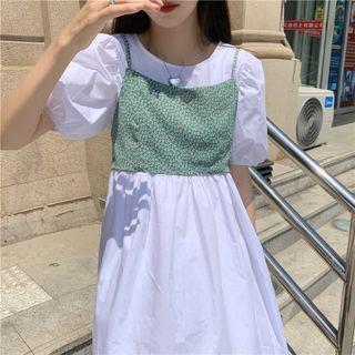 Set : Plain Puff-sleeve Dress + Floral Camisole Top