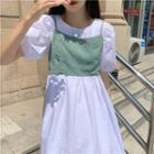 Set : Plain Puff-sleeve Dress + Floral Camisole Top