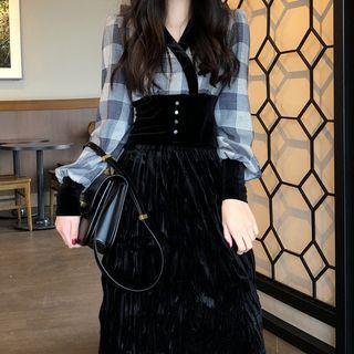 Lantern-sleeve Plaid Top / Midi Ruched A-line Skirt