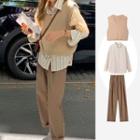 Plain Sweater Vest / Striped Shirt / Straight Leg Pants