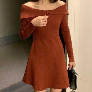 Long-sleeve Off-shoulder Mini A-line Knit Dress