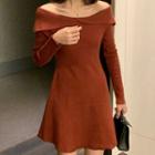 Long-sleeve Off-shoulder Mini A-line Knit Dress