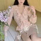 Puff-sleeve Ruffled Blouse / Silky Slit A-line Skirt