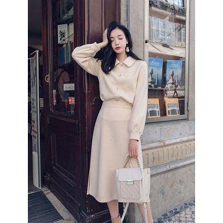 Set: Collared Knit Top + Midi A-line Knit Skirt