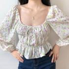 Square Collar Lantern Sleeve Floral Top