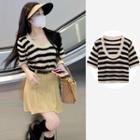 Short-sleeve Striped Pointelle Knit Top / Mini Pleated Skirt