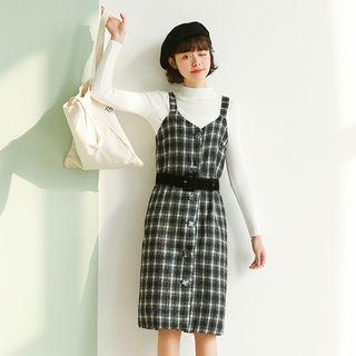 Set: Mock-neck Sweater + Plaid Pinafore Midi Dress