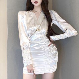 V-neck Ruched Mini Silky Sheath Dress