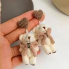 Heart Bear Chenille Dangle Earring 1 Pair - S925 Silver Needle - Bear Stud Earrings - White - One Size