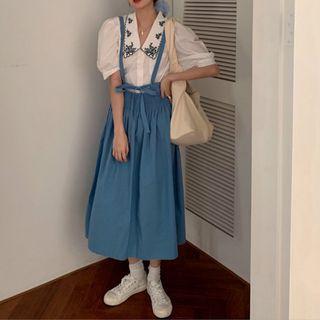 Elbow-sleeve Shirt / Midi Suspender Dress