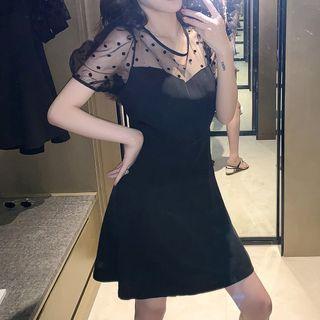Short Sleeve Dotted Mesh Panel Mini A-line Dress