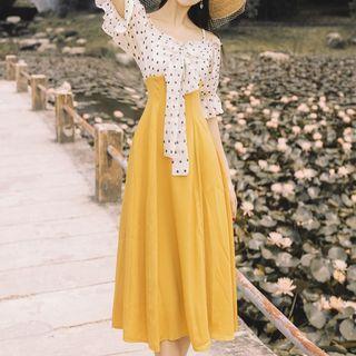Bow-accent Dotted Panel Ruffle Maxi Dress