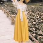 Bow-accent Dotted Panel Ruffle Maxi Dress