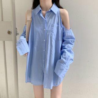 Long-sleeve Cold-shoulder Striped Shirt