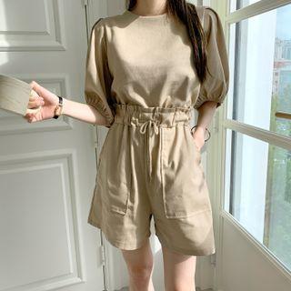 Set: Linen Blend Puff-sleeve Top + Shorts