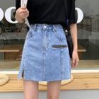 Zip-accent Denim Mini A-line Skirt