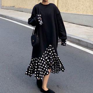 Long-sleeve Dotted Panel A-line Midi Dress As Shown In Figure - One Size