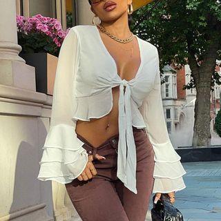 Bell-sleeve Tie-front Ruffled Crop Blouse
