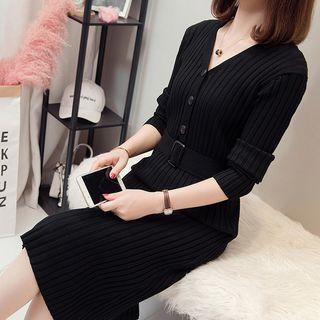 Long-sleeve Buckled Midi Shift Knit Dress