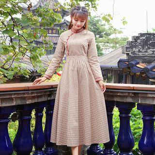 Gingham Side-button Long-sleeve Midi A-line Dress