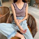 Check V-neck Cropped Knit Top As Figure - One Size