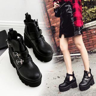 Faux Leather Buckled Platform T-bar Ankle Boots