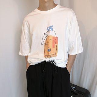 Elbow-sleeve Cartoon-print T-shirt