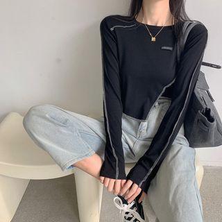 Long-sleeve Contrast Stitching Cropped T-shirt