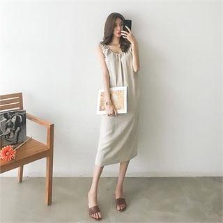 Sleeveless Shirred Linen Blend Midi Dress