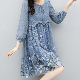 Lace Panel Long-sleeve Embroidered Midi A-line Dress