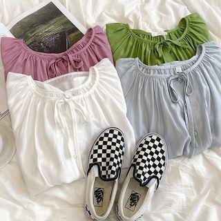 Short-sleeve Plain Tie-neck Chiffon Top