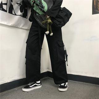 Side-pocket Belted Straight-cut Cargo Pants