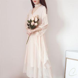 3/4-sleeve V-neck Ruffle Maxi Chiffon Dress