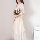 3/4-sleeve V-neck Ruffle Maxi Chiffon Dress