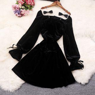Cold Shoulder Bow Detail Velvet Dress
