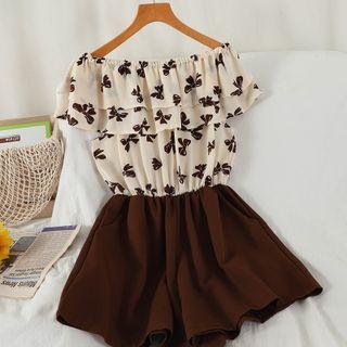 Off-shoulder Ruffled Floral Print Panel Romper