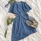 Short-sleeve Cut-out Asymmetrical Hem Denim Dress