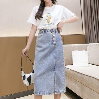 Denim Midi Skirt / Short-sleeve Print T-shirt