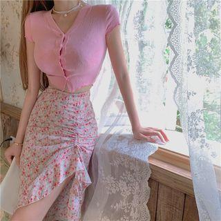 Short-sleeve Button-up Top / Floral Print Ruffled Pencil Skirt