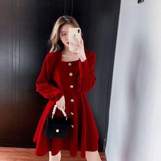 Long-sleeve Square-neck Embellished A-line Dress