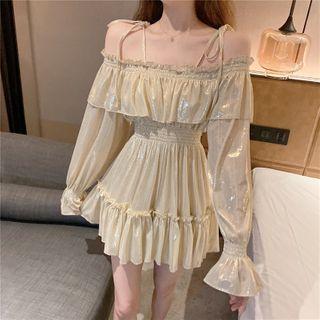 Ruffle Trim Cold-shoulder Mini A-line Dress As Shown In Figure - One Size