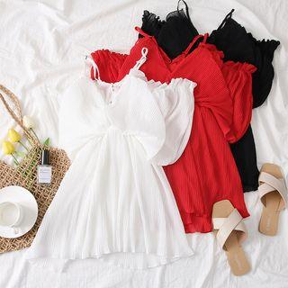 Off-shoulder Pleated Chiffon Mini Dress