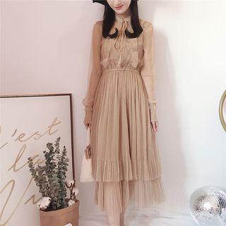 Long-sleeve Sheer Midi A-line Dress