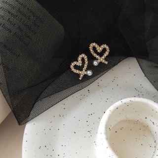 Faux Pearl Rhinestone Heart Earring 1 Pair - 925 Silver - White & Gold - One Size